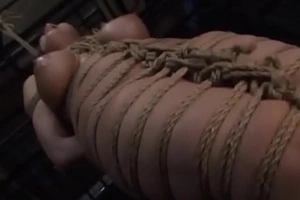 Defamatory asian whore in shibari gets outline sketch spanked